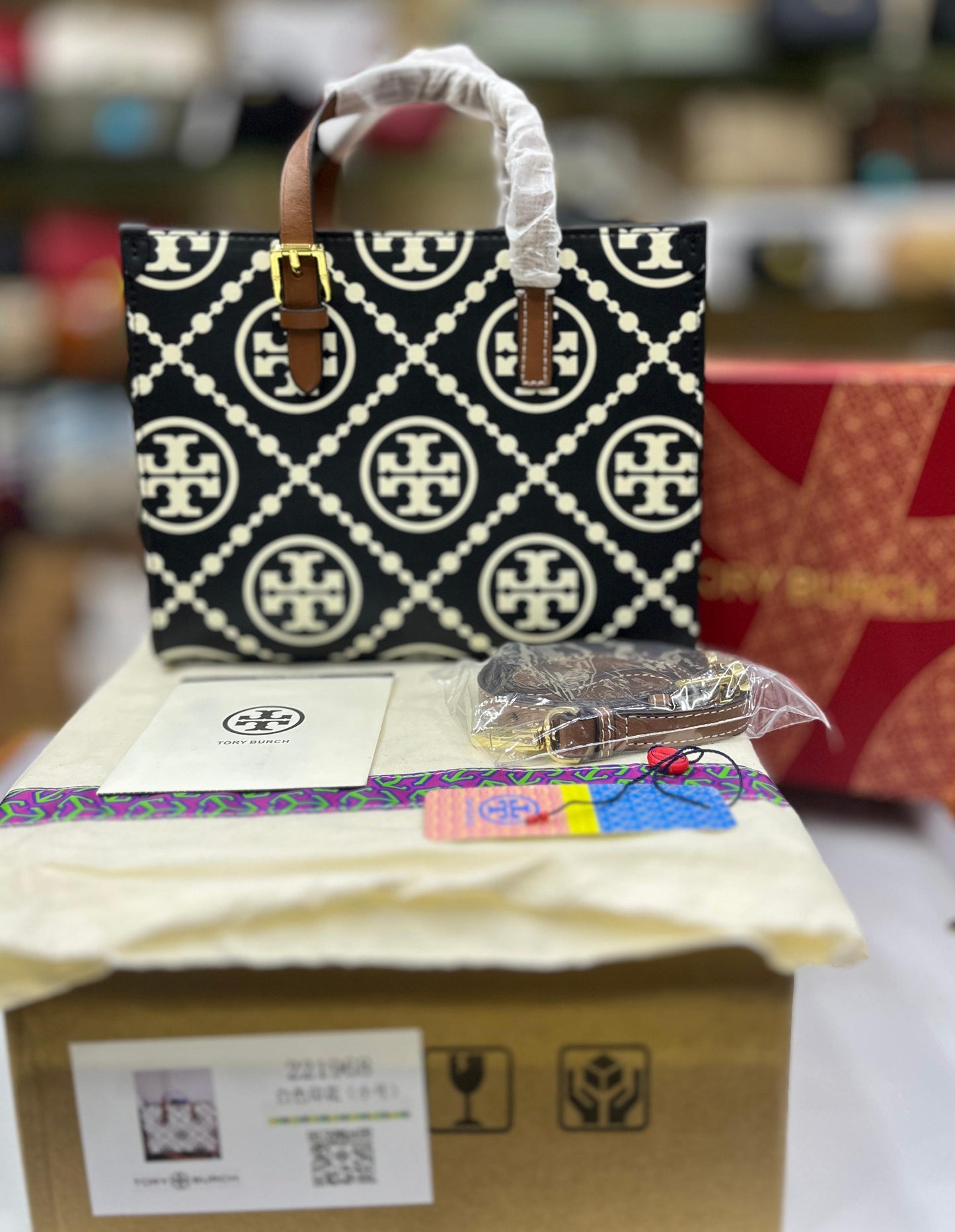 TORY BURCH Mini T Monogram Tote – Women Bag (Leather) (Black)