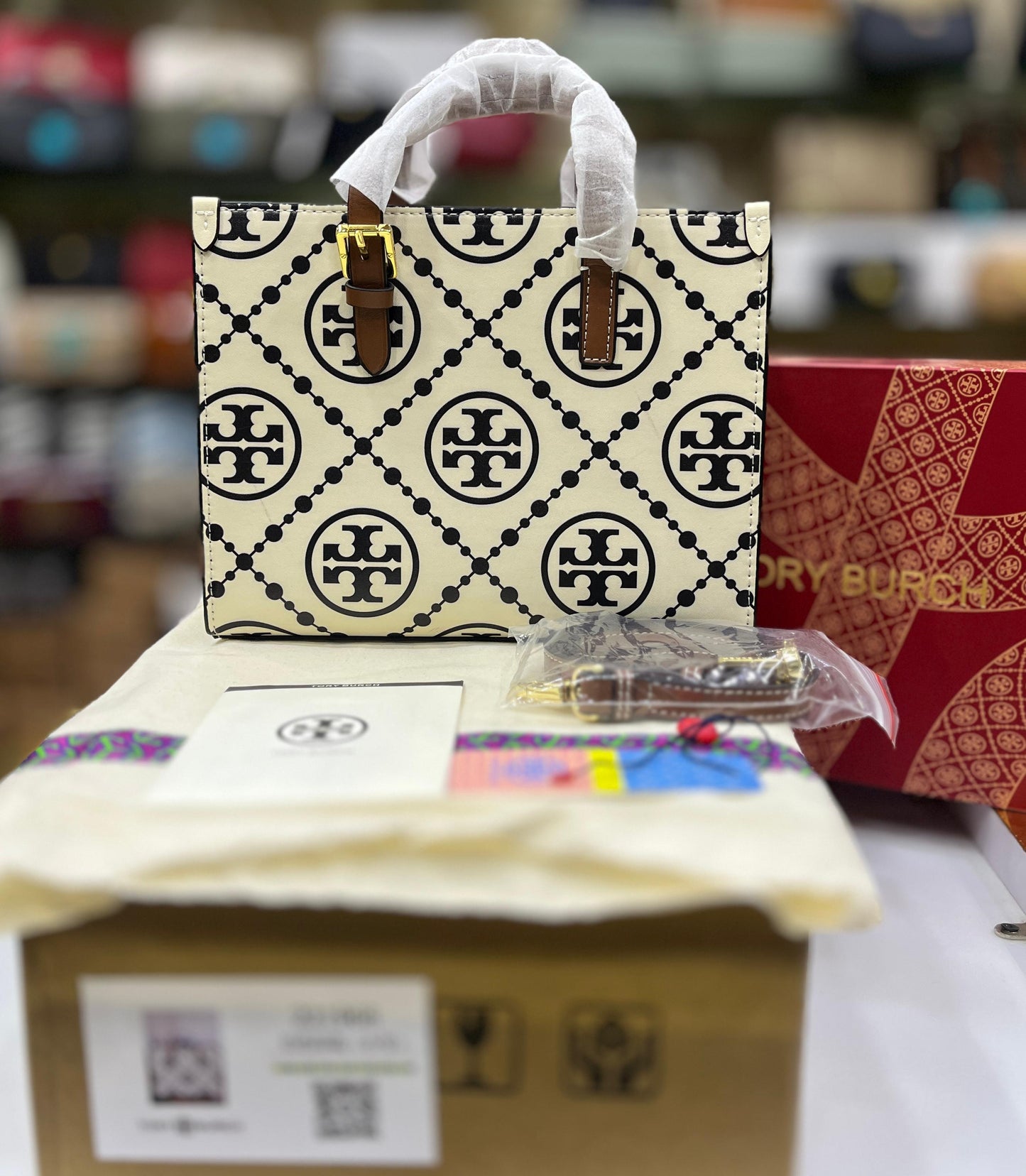 TORY BURCH Mini T Monogram Tote – Women Bag (Leather) (White)