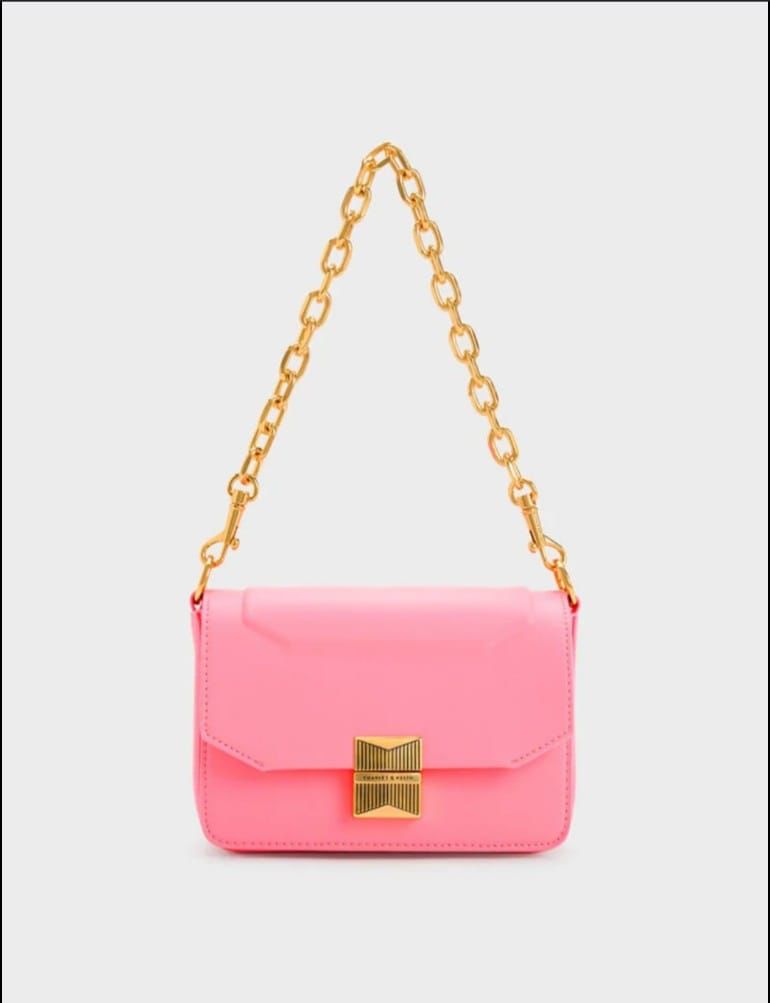 CHARLES &amp; KEITH Women Bag – Belted Design with Push-Lock Closure (Pink)