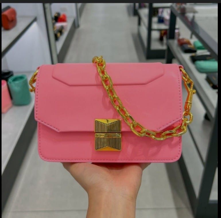 CHARLES &amp; KEITH Women Bag – Belted Design with Push-Lock Closure (Pink)