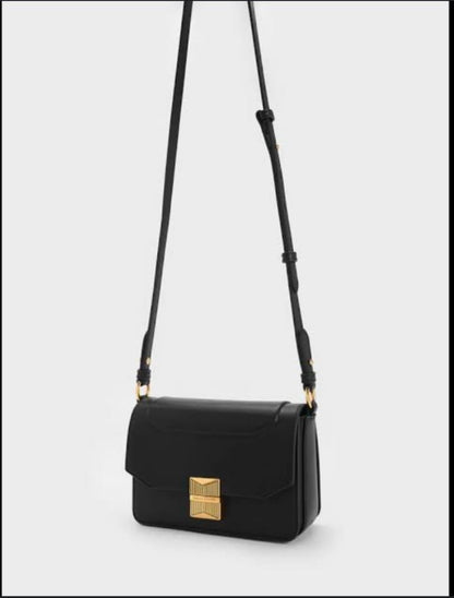 CHARLES &amp; KEITH Women Bag – Belted Design with Push-Lock Closure (Black)