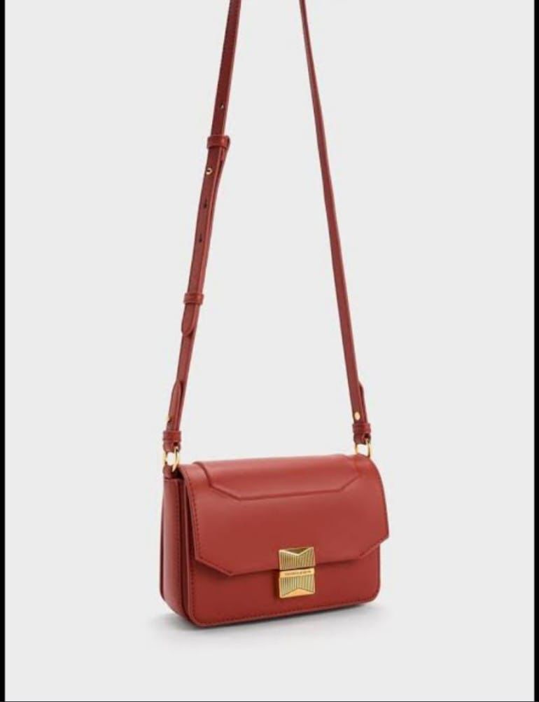 CHARLES &amp; KEITH Women Bag – Belted Design with Push-Lock Closure (Red)