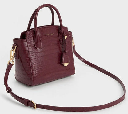 Charles & Keith – Croc-Effect Structured Top Handle Bag (Maroon)