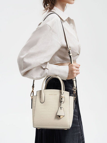 Charles & Keith – Croc-Effect Structured Top Handle Bag (White)