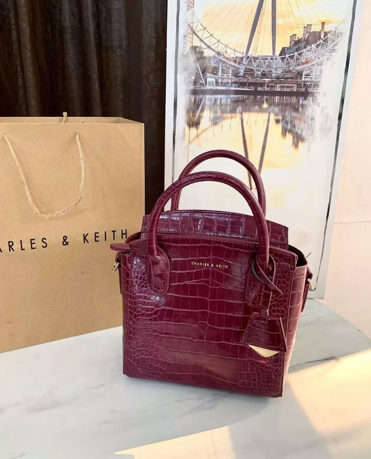 Charles & Keith – Croc-Effect Structured Top Handle Bag (Maroon)