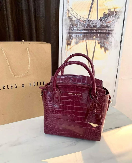 Charles & Keith – Croc-Effect Structured Top Handle Bag (Maroon)