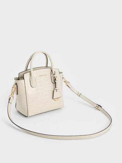 Charles & Keith – Croc-Effect Structured Top Handle Bag (White)