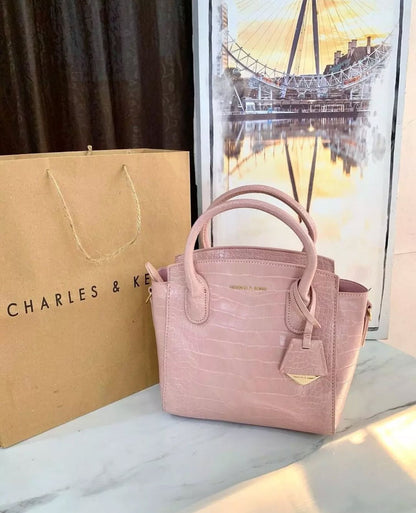 Charles & Keith – Croc-Effect Structured Top Handle Bag (Pink)