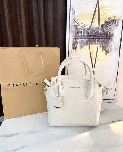 Charles & Keith – Croc-Effect Structured Top Handle Bag (White)