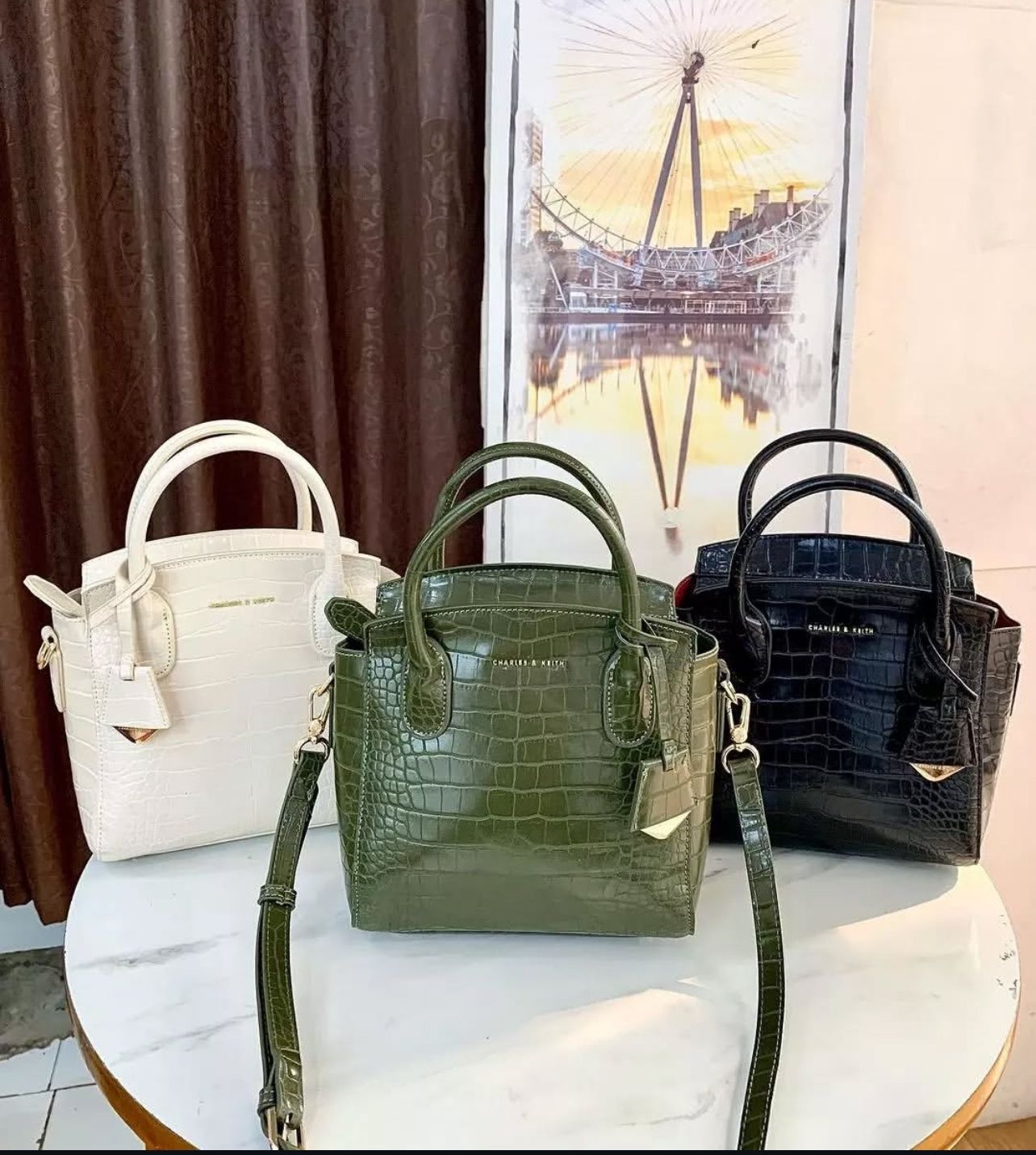Charles & Keith – Croc-Effect Structured Top Handle Bag (Black)