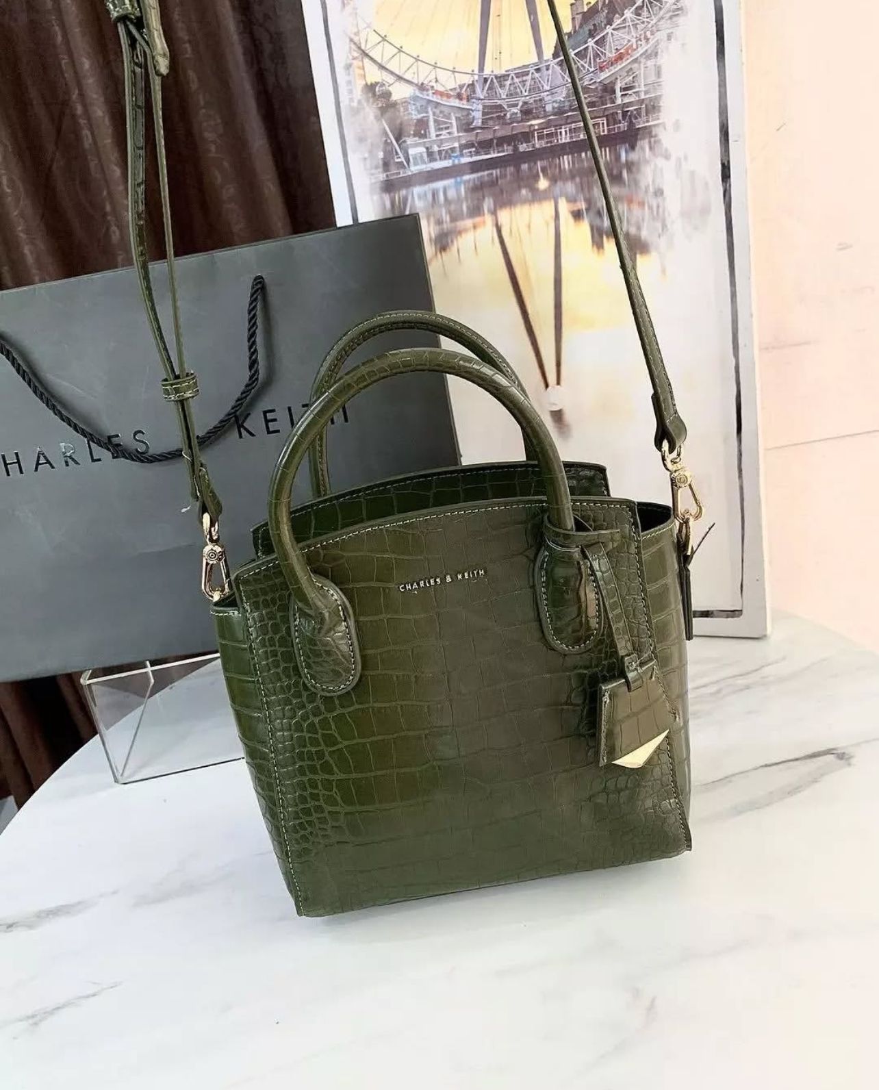 Charles & Keith – Croc-Effect Structured Top Handle Bag (Green)