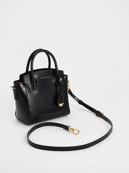 Charles & Keith – Croc-Effect Structured Top Handle Bag (Black)
