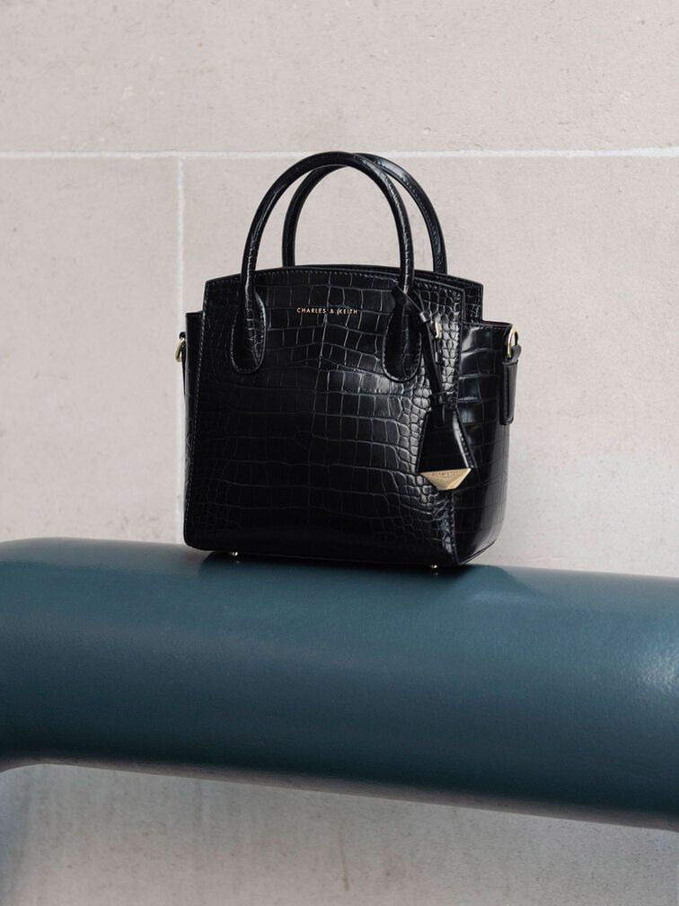 Charles & Keith – Croc-Effect Structured Top Handle Bag (Black)