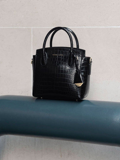Charles & Keith – Croc-Effect Structured Top Handle Bag (Black)