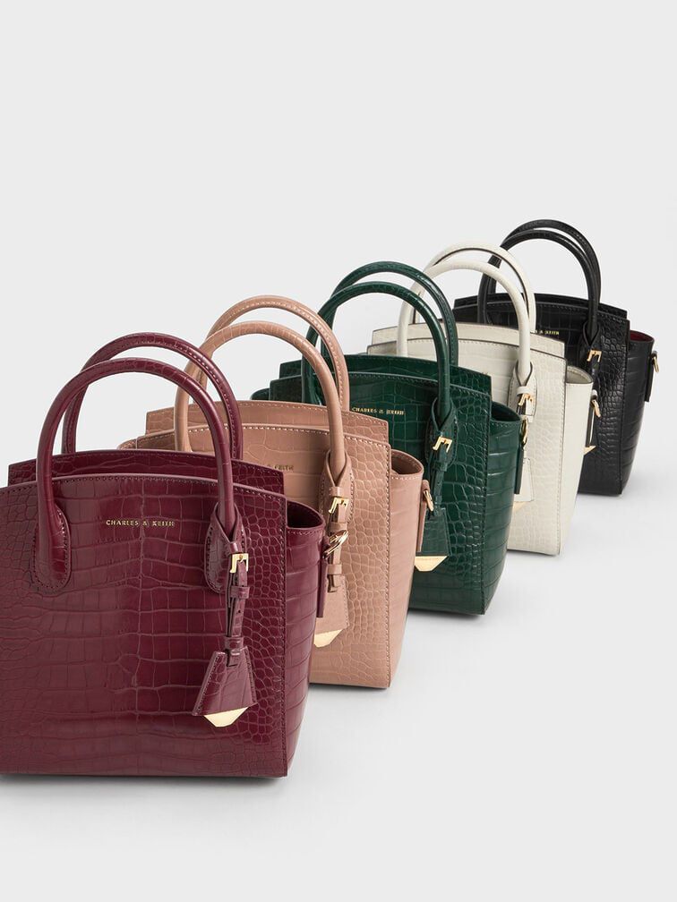 Charles & Keith – Croc-Effect Structured Top Handle Bag (Maroon)