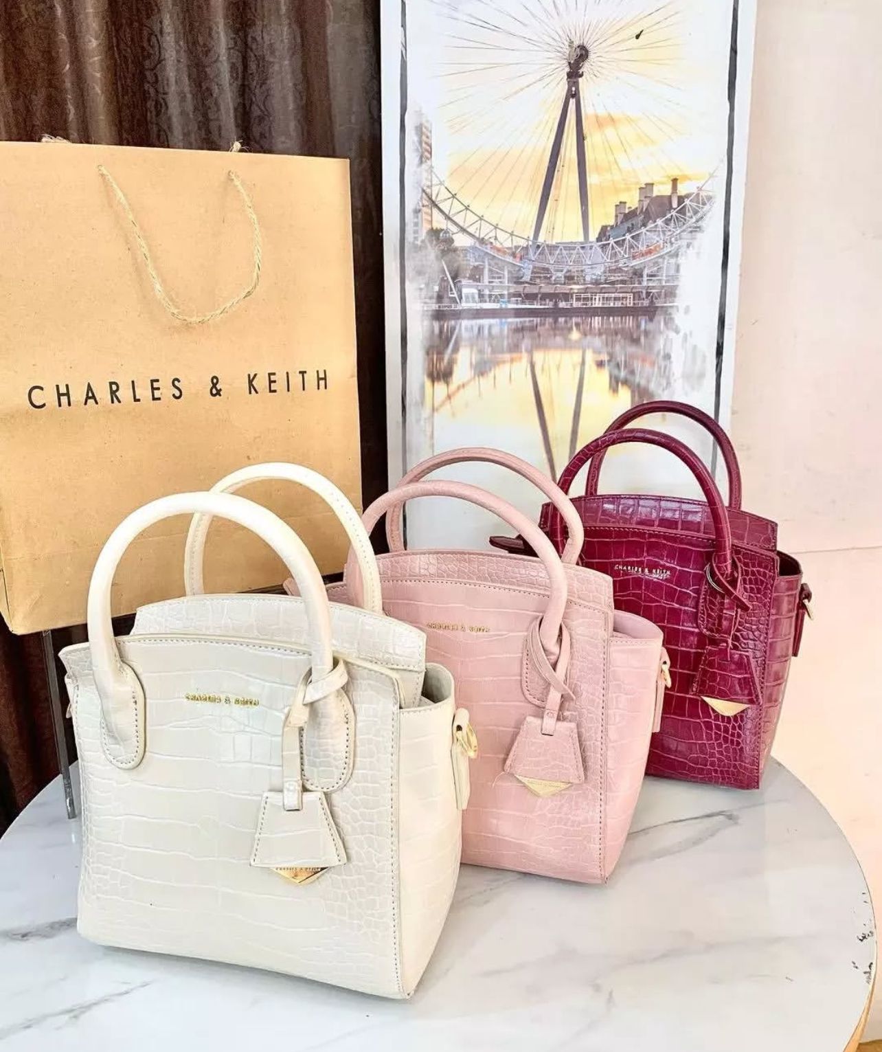 Charles & Keith – Croc-Effect Structured Top Handle Bag (White)