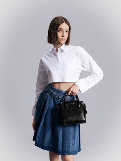 Charles & Keith – Croc-Effect Structured Top Handle Bag (Black)