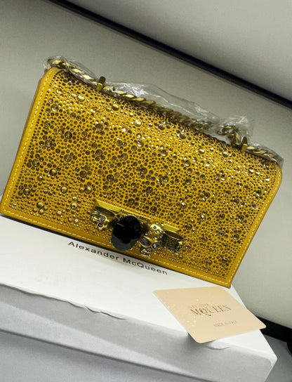 ALEXANDER MCQUEEN CRYSTAL-EMBELLISHED MINI JEWELLED SATCHEL – Women Bag (Gold)