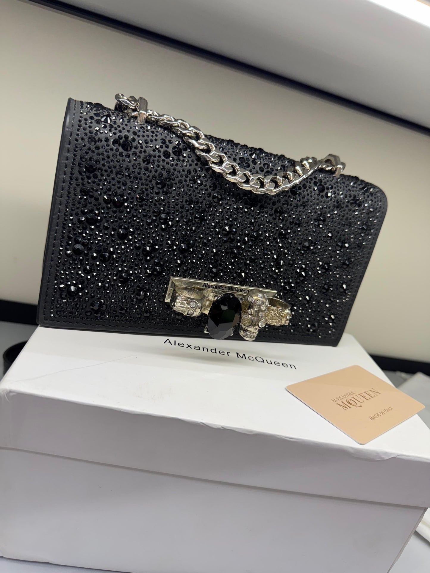 ALEXANDER MCQUEEN CRYSTAL-EMBELLISHED MINI JEWELLED SATCHEL – Women Bag (Black)