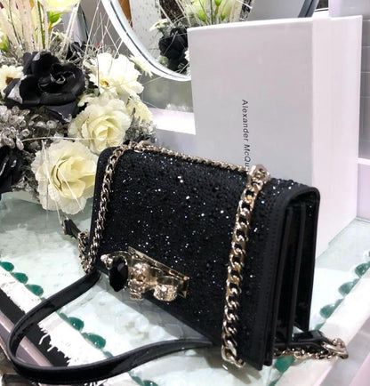 ALEXANDER MCQUEEN CRYSTAL-EMBELLISHED MINI JEWELLED SATCHEL – Women Bag (Black)