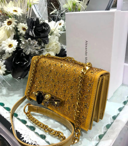 ALEXANDER MCQUEEN CRYSTAL-EMBELLISHED MINI JEWELLED SATCHEL – Women Bag (Gold)