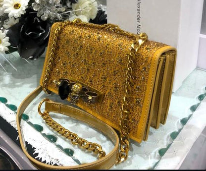 ALEXANDER MCQUEEN CRYSTAL-EMBELLISHED MINI JEWELLED SATCHEL – Women Bag (Gold)