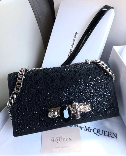 ALEXANDER MCQUEEN CRYSTAL-EMBELLISHED MINI JEWELLED SATCHEL – Women Bag (Black)