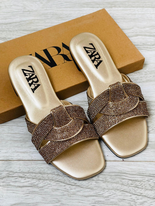 ZARA BASIC STONE FLATS – Women Shoes (Golden)