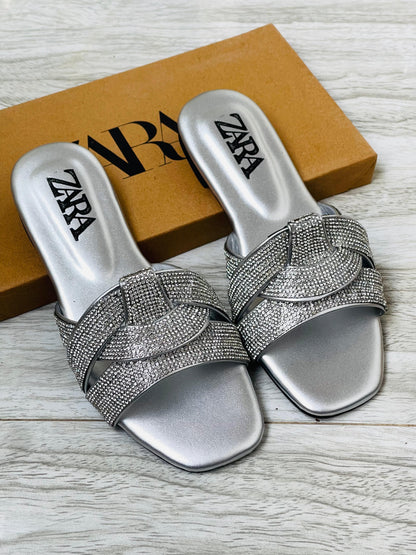 ZARA BASIC STONE FLATS – Women Shoes (Silver)