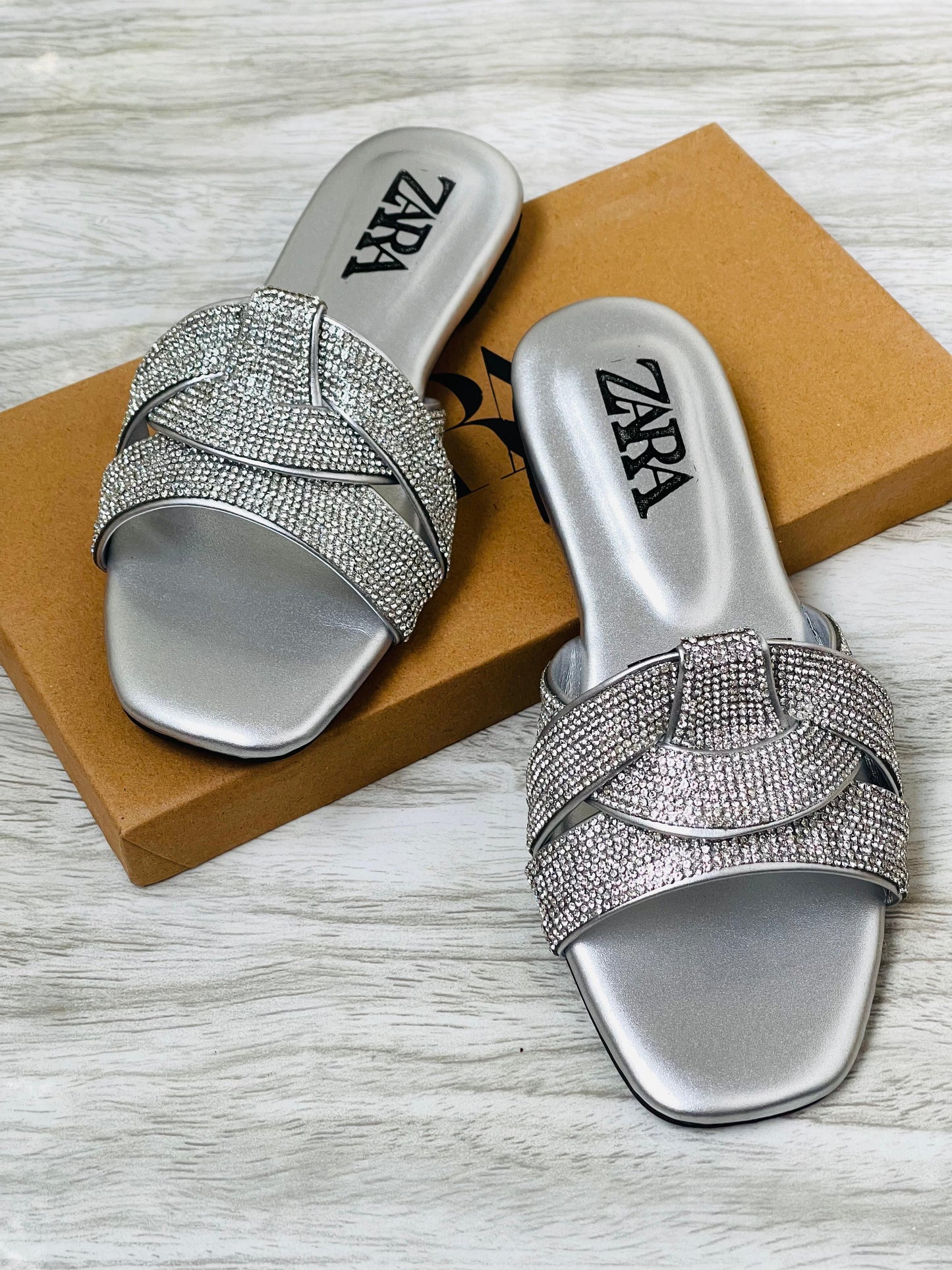 ZARA BASIC STONE FLATS – Women Shoes (Silver)