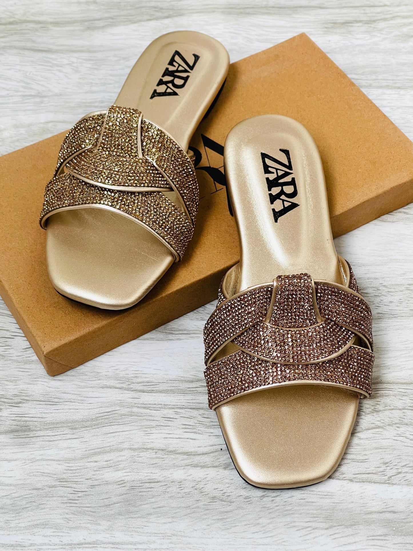 ZARA BASIC STONE FLATS – Women Shoes (Golden)