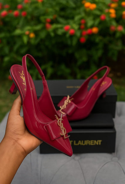 YSL Saint Laurent – Women Heel Slippers (Red)