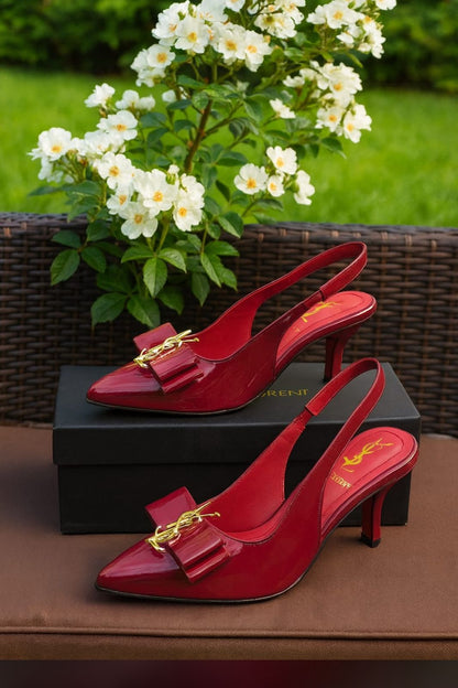 YSL Saint Laurent – Women Heel Slippers (Red)