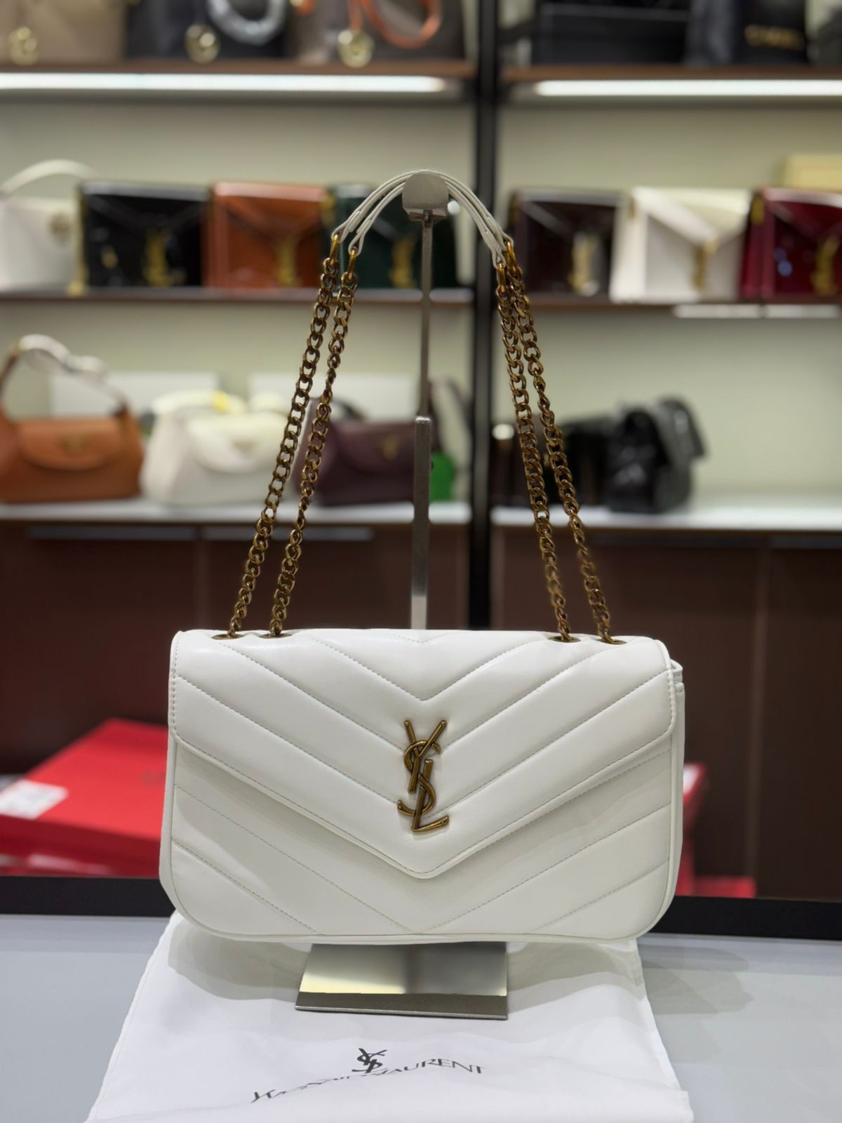 Saint Laurent Loulou Chain Bag – Women Bag in Soft Lambskin (Chevron Quilted Design) (White)