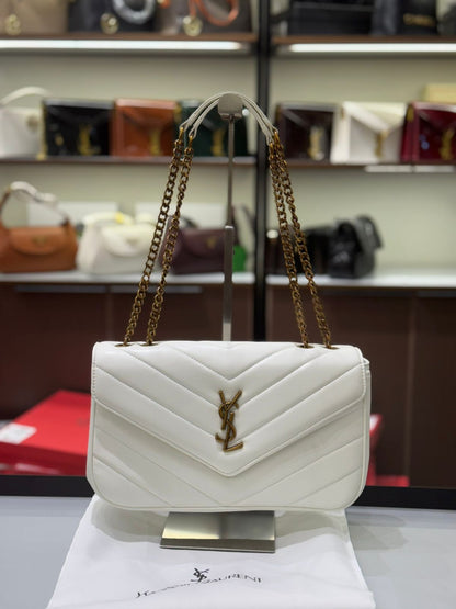 Saint Laurent Loulou Chain Bag – Women Bag in Soft Lambskin (Chevron Quilted Design) (White)