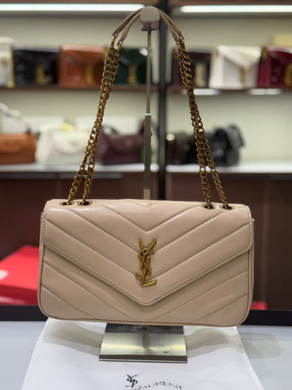 Saint Laurent Loulou Chain Bag – Women Bag in Soft Lambskin (Chevron Quilted Design) (Beige)