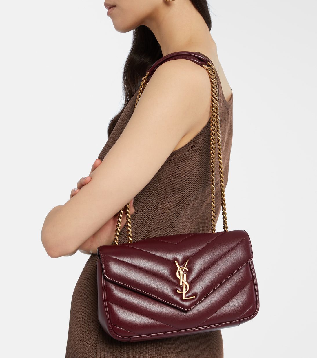 Saint Laurent Loulou Chain Bag – Women Bag in Soft Lambskin (Chevron Quilted Design) (Red)