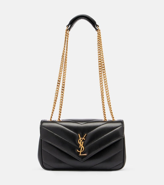 Saint Laurent Loulou Chain Bag – Women Bag in Soft Lambskin (Chevron Quilted Design) (Black-Gold))