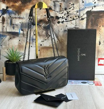 Saint Laurent Loulou Chain Bag – Women Bag in Soft Lambskin (Chevron Quilted Design) (Black)