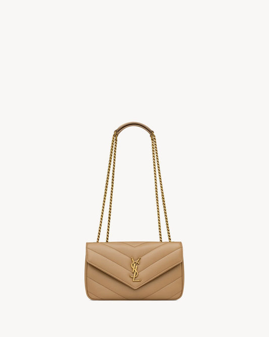 Saint Laurent Loulou Chain Bag – Women Bag in Soft Lambskin (Chevron Quilted Design) (Beige)