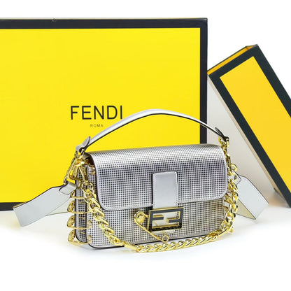 Fendi Women Bag – Premium Leather with Long Chain & Belt (Same as Original) (Silver)
