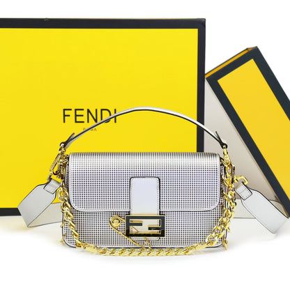 Fendi Women Bag – Premium Leather with Long Chain & Belt (Same as Original) (Silver)