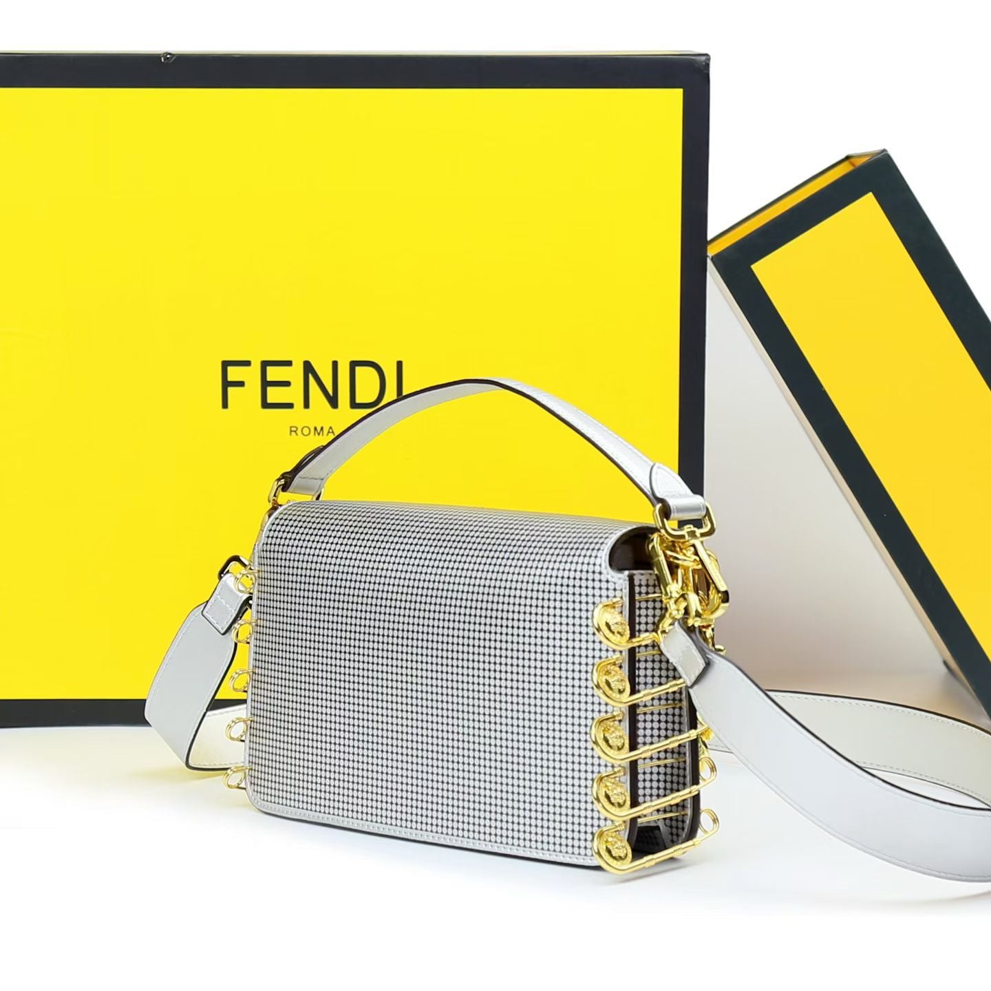 Fendi Women Bag – Premium Leather with Long Chain & Belt (Same as Original) (Silver)