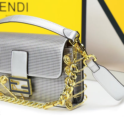 Fendi Women Bag – Premium Leather with Long Chain & Belt (Same as Original) (Silver)