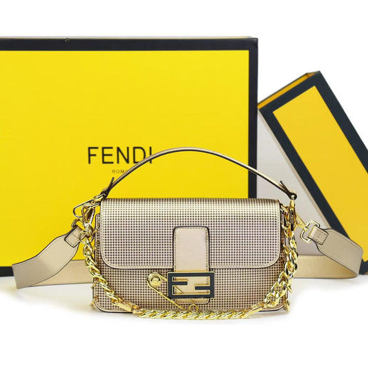 Fendi Women Bag – Premium Leather with Long Chain & Belt (Same as Original) (Gold)