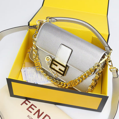 Fendi Women Bag – Premium Leather with Long Chain & Belt (Same as Original) (Silver)