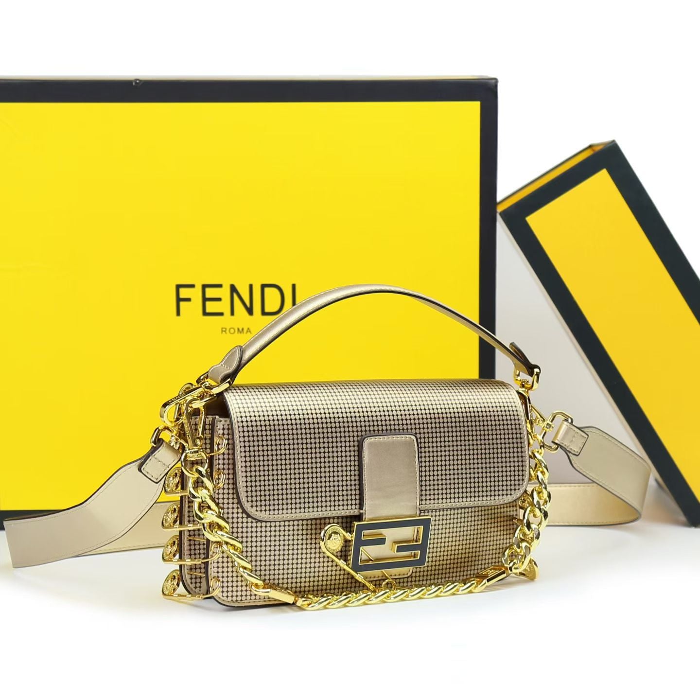 Fendi Women Bag – Premium Leather with Long Chain & Belt (Same as Original) (Gold)