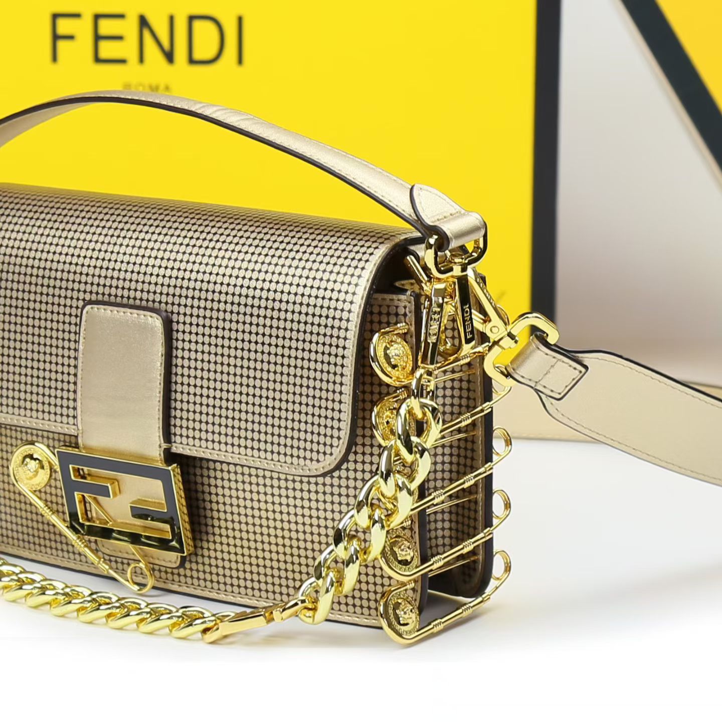 Fendi Women Bag – Premium Leather with Long Chain & Belt (Same as Original) (Gold)