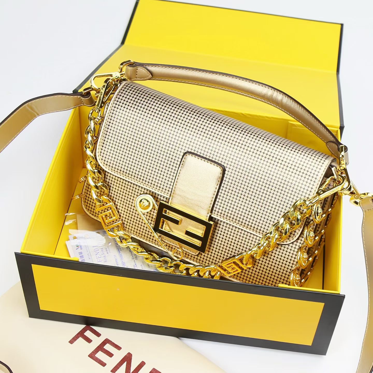 Fendi Women Bag – Premium Leather with Long Chain & Belt (Same as Original) (Gold)