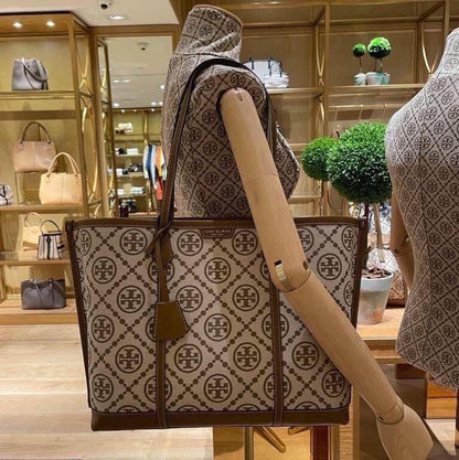 TORY BURCH PERRY T MONOGRAM – Women Tote Bag (Beige Brown)